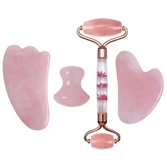 Rose Quartz Eternal Flower Jade Roller Gua Sha Set Gouache Scraper Face Massage Natural Stone Facial Roller Jade Massager
