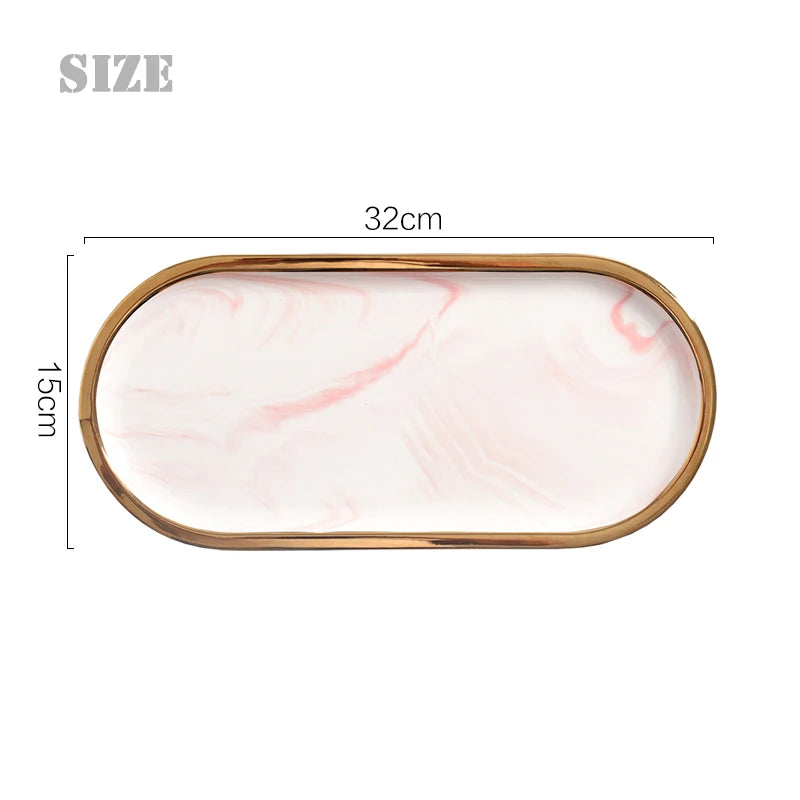 Nordic Marble Oval Disk with Gold Border, Ceramic Jewelry Storage, Display Tray, Living Room, Dining Table Decorations, Home Dec