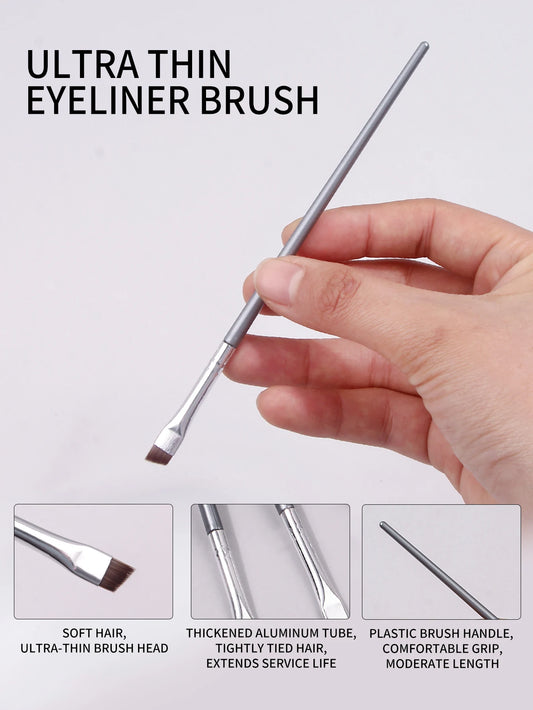 12pcs silvery Super Thin Blade Eyeliner Brush & Soft Makeup Brush Set, Portable Eyebrow Brush & Multipurpose Cosmetic Tool