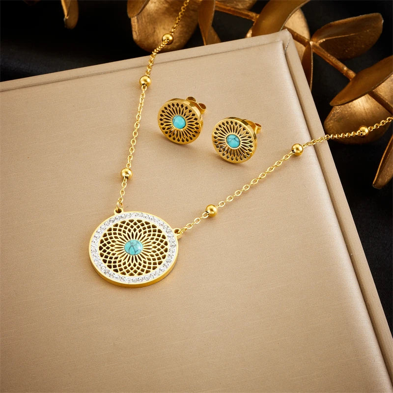 DIEYURO 316L Stainless Steel Pearl Butterfly Flower Golden Necklace Earrings For Womens 2024 New Party Gift Fashion Jewelry Set