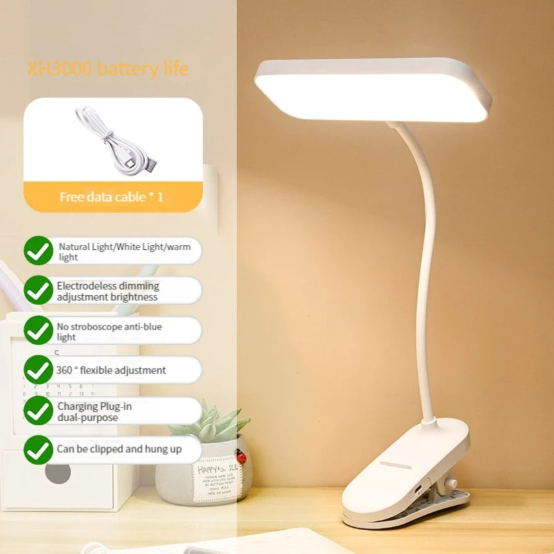 Clip-On Desk Lamp with Eye Care, USB Rechargeable & Plug-in Dimmable LED Light, Adjustable Study Lamp for College Dorm, Bedroom
