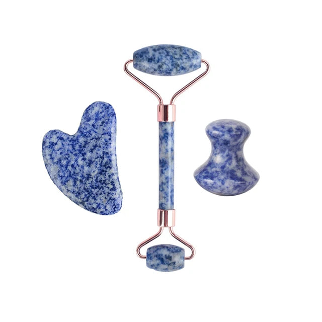 Natural Blue White Dot Jade Roller And Gua Sha Stone Set Facial Gouache Scraper Massager Lifting Anti-Wrinkle Skin Care