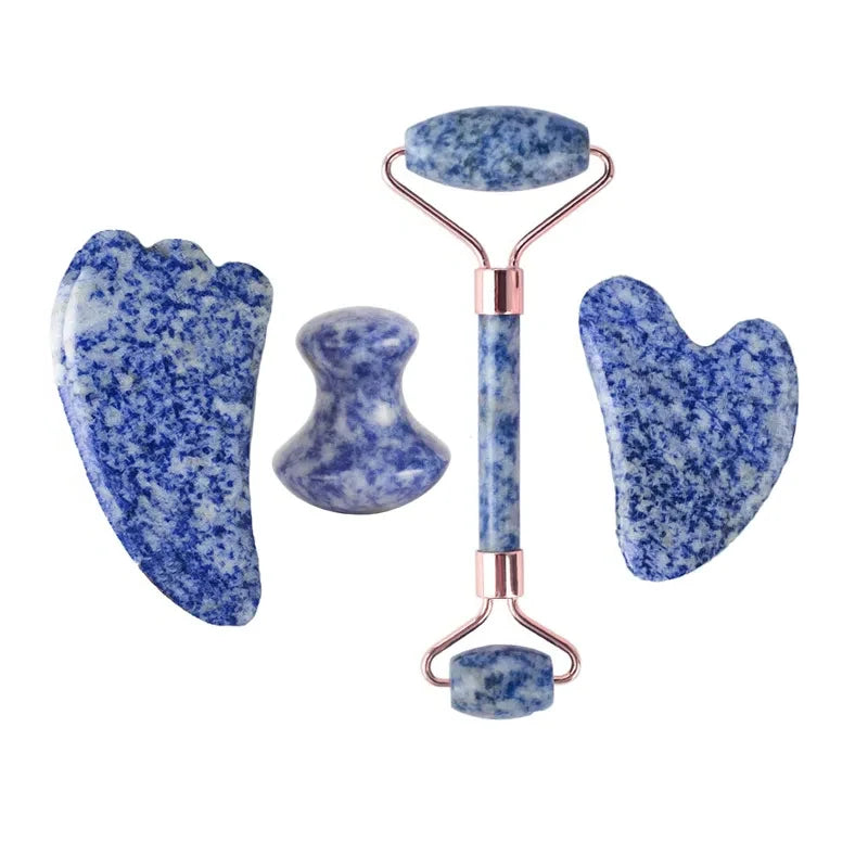 Natural Blue White Dot Jade Roller And Gua Sha Stone Set Facial Gouache Scraper Massager Lifting Anti-Wrinkle Skin Care