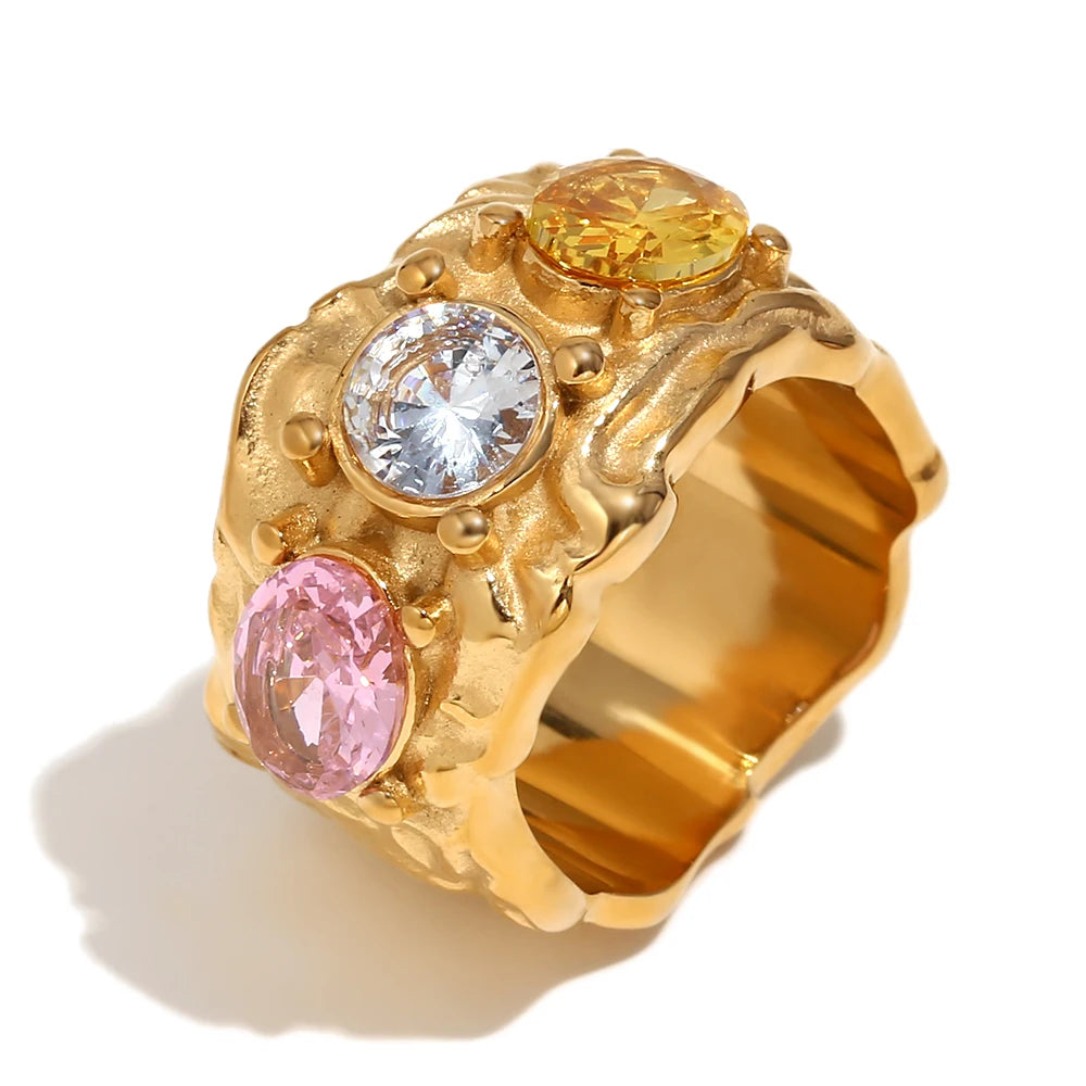 E.B.belle Cast  Irregular Colorful Rhinestone Bracelet Earring Ring Jewelry Set 18k Gold Plated Stainless Steel For Women Charm