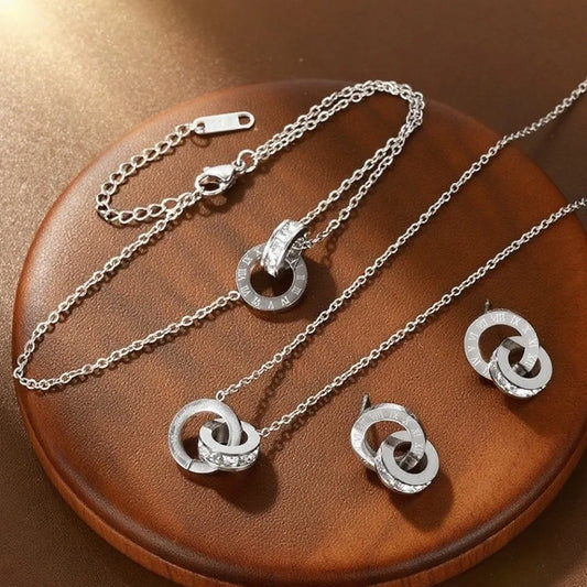 Yupsk 4Pcs/Set Stainless Steel Circles Roman Numbers Necklace Bracelet Earrings for Women Simple Versatile Daily Jewelry