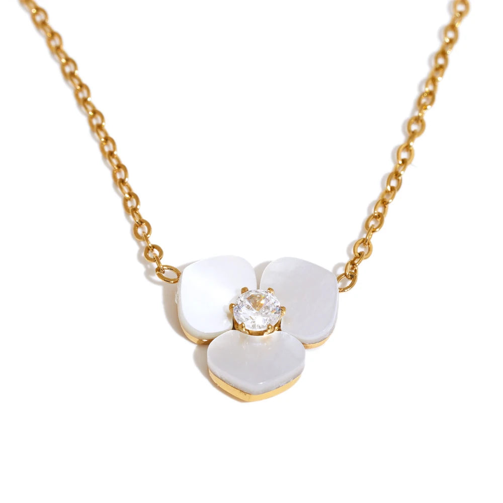 Yhpup Waterproof Exclusive Natural Shell Flower Golden Necklace Earrings Ring Bracelet Set Stainless Steel Sweet Fairy Jewelry