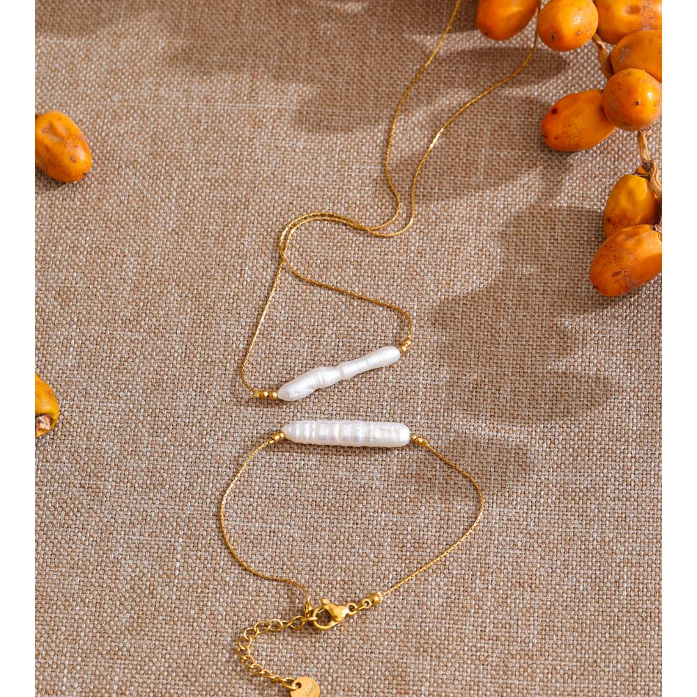 Yhpup Stainless Steel Baroque Natural Freshwater Pearl Chain Pendant Necklace Bracelet Bangle Set Luxury Gift for Mother Jewelry