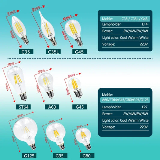 LED Retro Edison Bulb E14 E27 AC 220V 2W 4W 6W 8W Vintage Glass Lamp C35 G45 A60 ST64 G80 G95 G125 Led Filament Light Home Decor