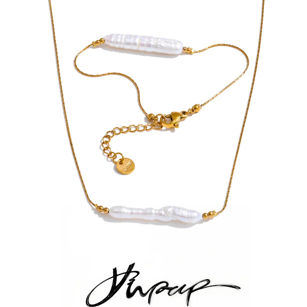 Yhpup Stainless Steel Baroque Natural Freshwater Pearl Chain Pendant Necklace Bracelet Bangle Set Luxury Gift for Mother Jewelry