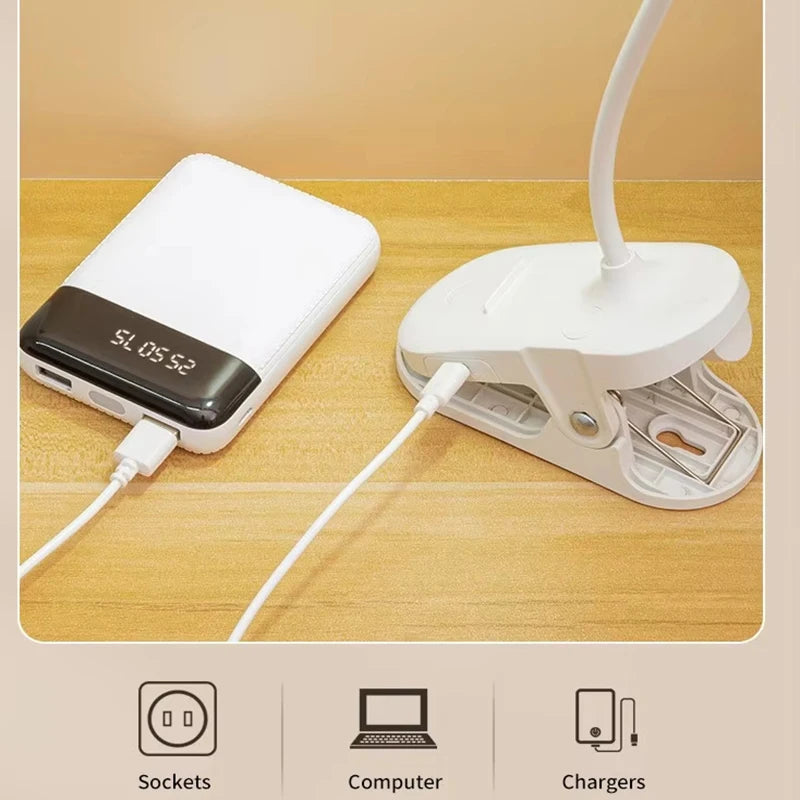 Portable USB Table Lamp Desk Lamp Plug-in/Rechargeable Clip Bed Reading Night Light LED Touch 3 Modes Dimming Eye Protection