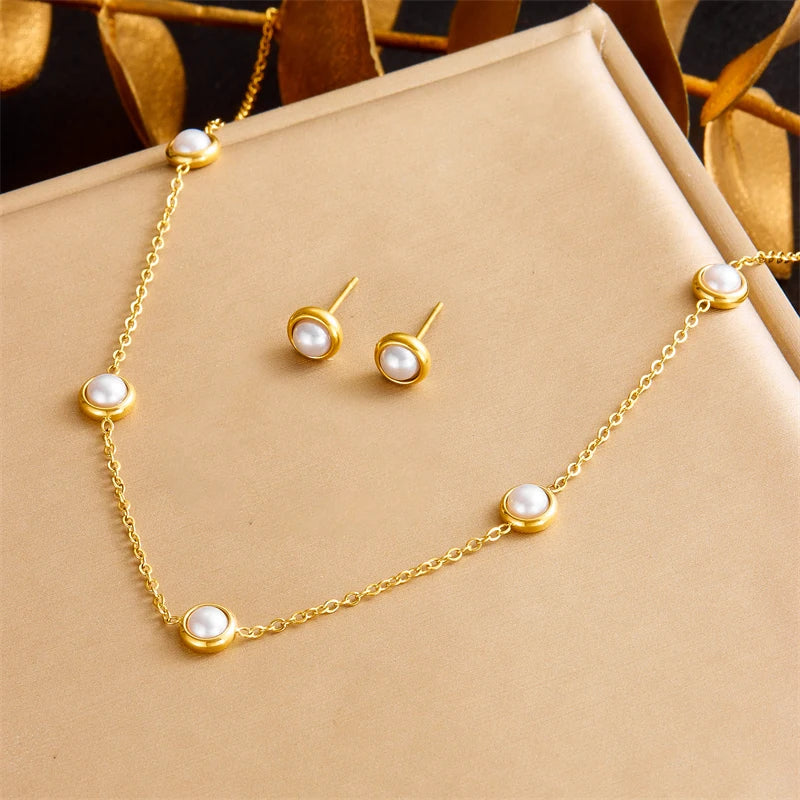 DIEYURO 316L Stainless Steel Pearl Butterfly Flower Golden Necklace Earrings For Womens 2024 New Party Gift Fashion Jewelry Set