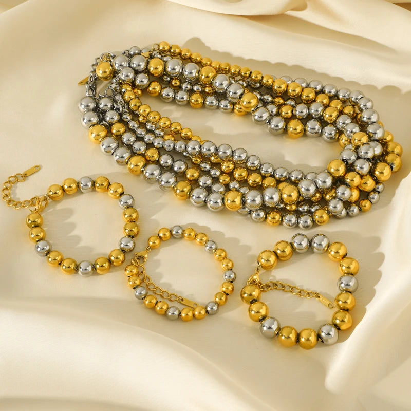 EILIECK 316L Stainless Steel Gold Silver Color Solid Beads Balls Necklace Bracelet For Women Girl Fashion New Year Jewelry Set