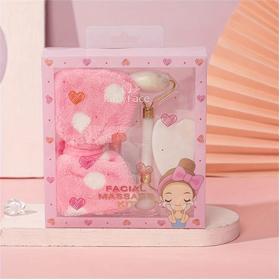 3 Pieces Beauty Tools Set with Gift Box Jade Roller Spa Headband and Gua Sha Board Girls Beauty Gift