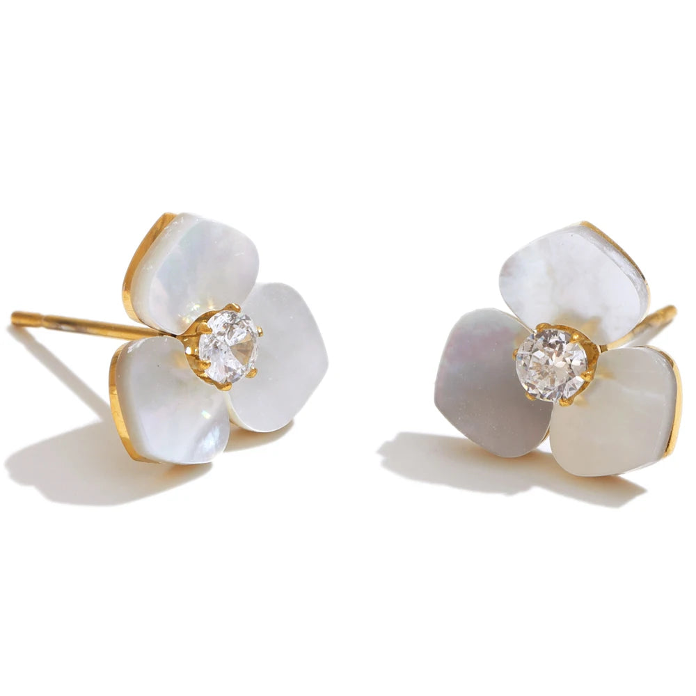 Yhpup Waterproof Exclusive Natural Shell Flower Golden Necklace Earrings Ring Bracelet Set Stainless Steel Sweet Fairy Jewelry