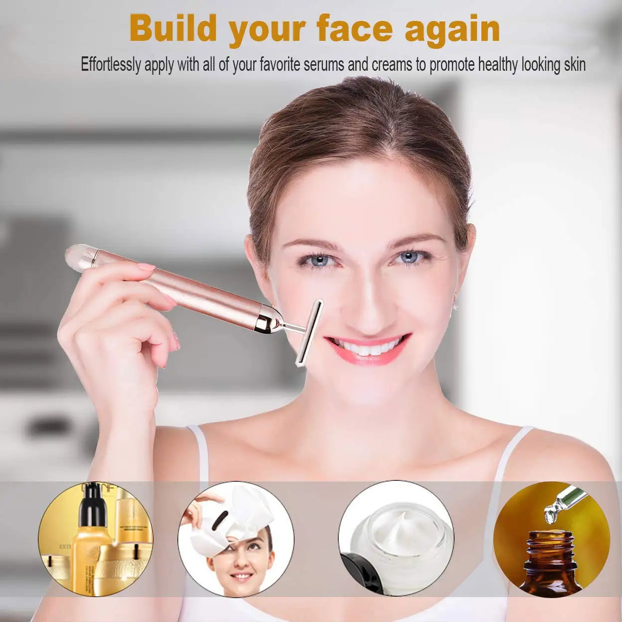 24K Gold Beauty Bar Face Massager Electric Vibrating Rose Quartz 3D Roller Face Lifting Body Facial 3D Gua Sha Jade Roller