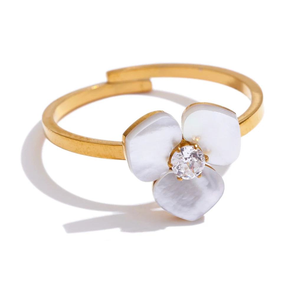 Yhpup Waterproof Exclusive Natural Shell Flower Golden Necklace Earrings Ring Bracelet Set Stainless Steel Sweet Fairy Jewelry
