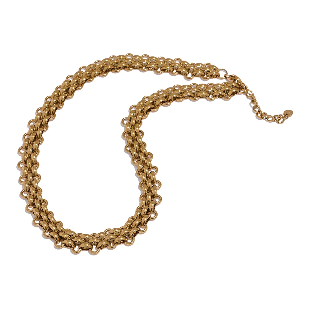 Yhpup Waterproof 18K Gold Plated Stainless Steel Metal Cuban Chain Statement Necklace Bracelet Set Charm Fashion Jewelry Women