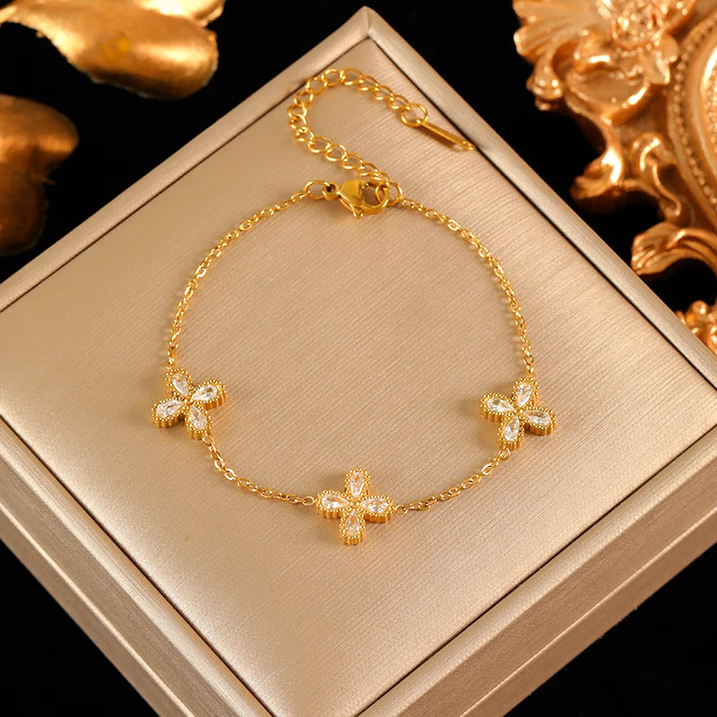 EILIECK 316L Stainless Steel Flower Petal Zircon Necklace Earrings Bracelet Set For Women Fashion Waterproof Jewelry Party Gift
