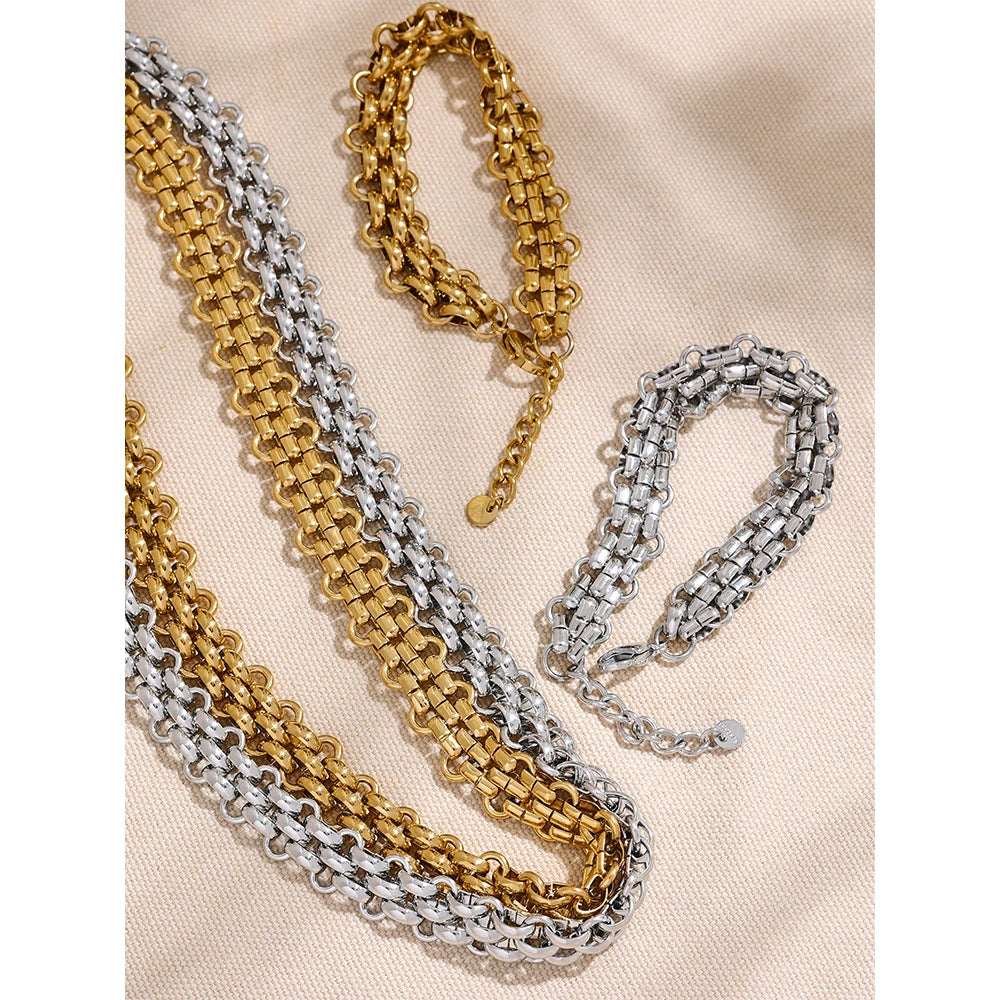 Yhpup Waterproof 18K Gold Plated Stainless Steel Metal Cuban Chain Statement Necklace Bracelet Set Charm Fashion Jewelry Women