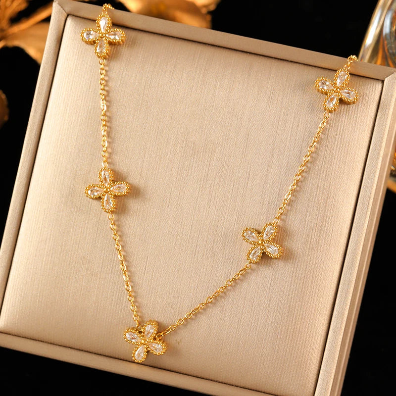 EILIECK 316L Stainless Steel Flower Petal Zircon Necklace Earrings Bracelet Set For Women Fashion Waterproof Jewelry Party Gift