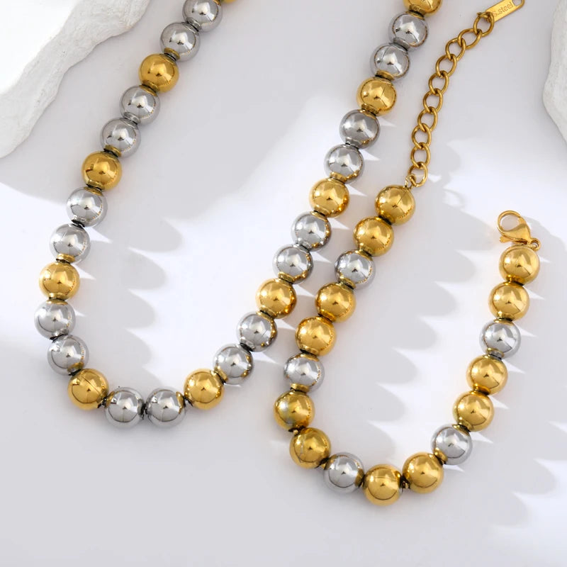 EILIECK 316L Stainless Steel Gold Silver Color Solid Beads Balls Necklace Bracelet For Women Girl Fashion New Year Jewelry Set