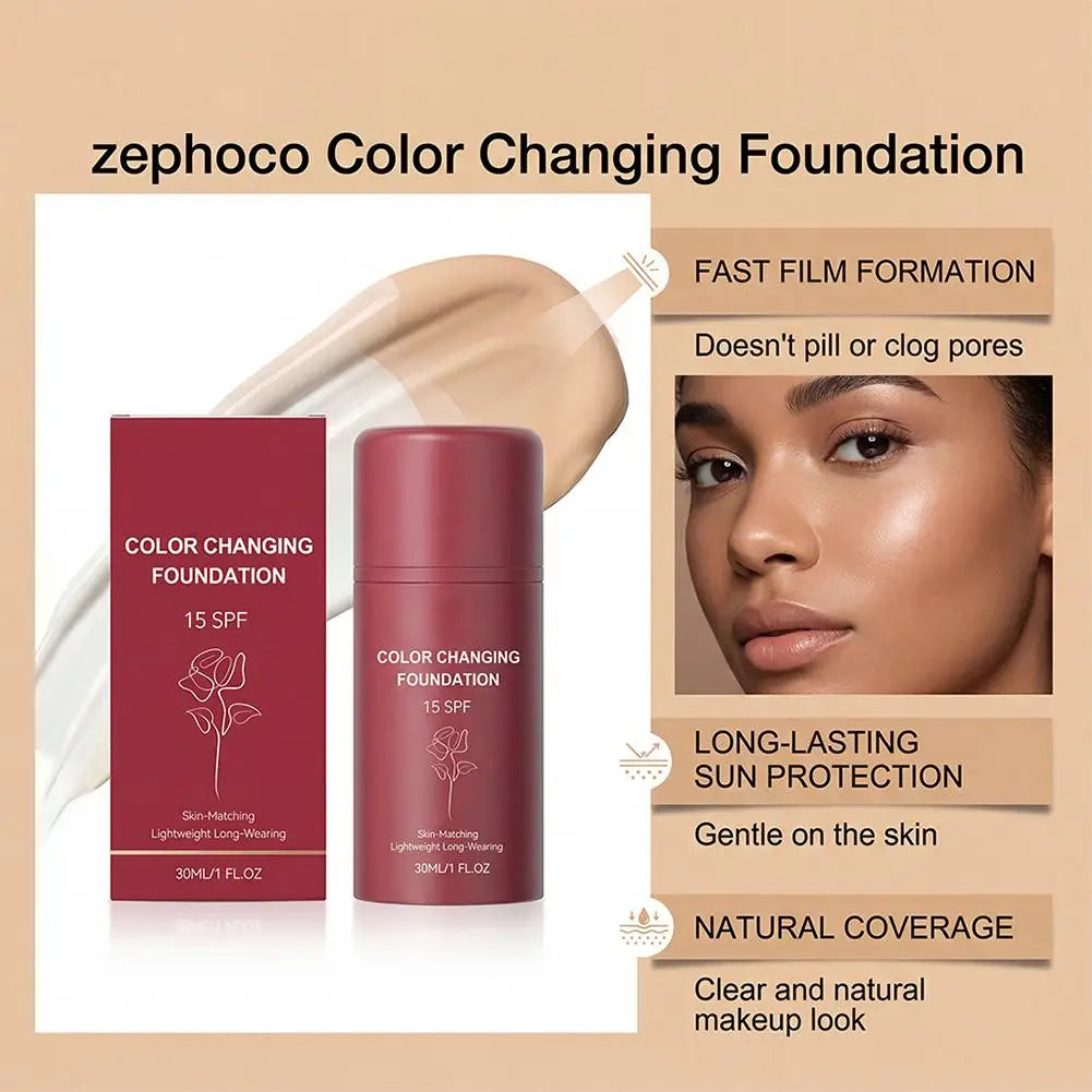 30ml ZEPHOCO Temperature Changing Foundation Portable Lightweight Base Makeup Long Lasting Hydrating Sheer Natural Daily Use