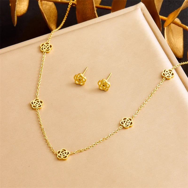 DIEYURO 316L Stainless Steel Pearl Butterfly Flower Golden Necklace Earrings For Womens 2024 New Party Gift Fashion Jewelry Set