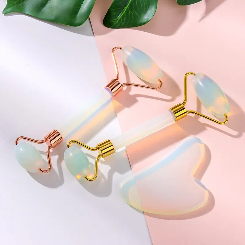 Opalite Jade Massage Roller Gua Sha Set Opal Quartz Crystal Facial Skin Lifting Anti Wrinkle Gouache Scraper Jade Massager