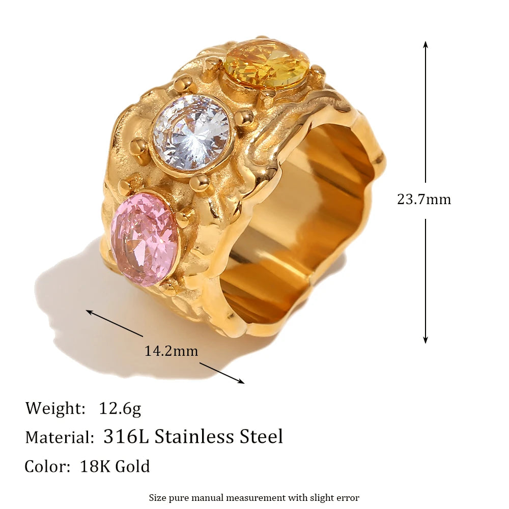 E.B.belle Cast  Irregular Colorful Rhinestone Bracelet Earring Ring Jewelry Set 18k Gold Plated Stainless Steel For Women Charm