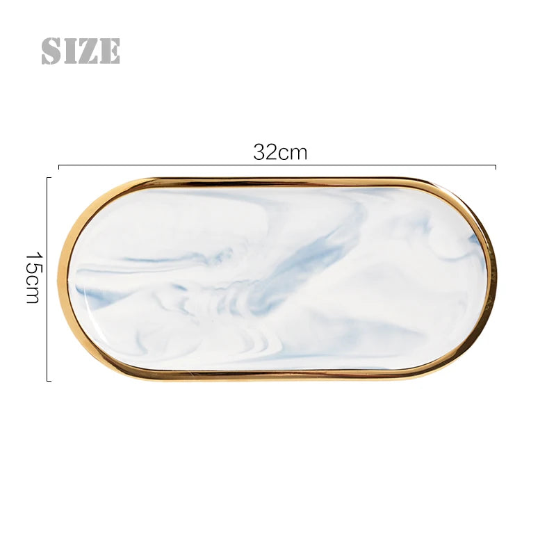 Nordic Marble Oval Disk with Gold Border, Ceramic Jewelry Storage, Display Tray, Living Room, Dining Table Decorations, Home Dec