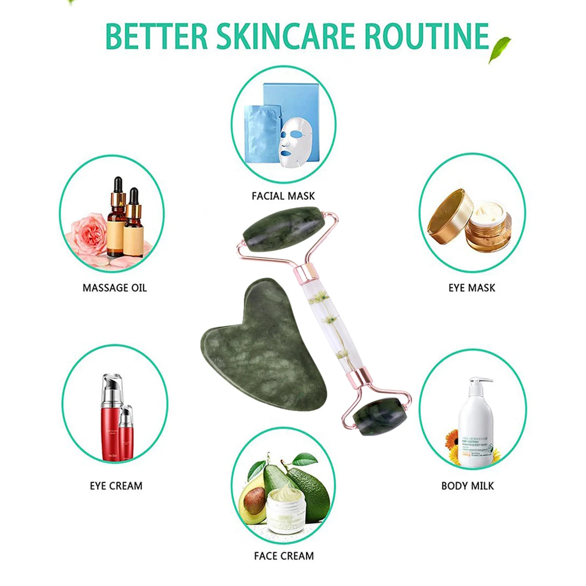 Gua Sha&Jade Roller Set Natural Jade Massager Face Neck Body Care Beauty Skin Care Tools Facial Slim Lift Scraping Relax Tools