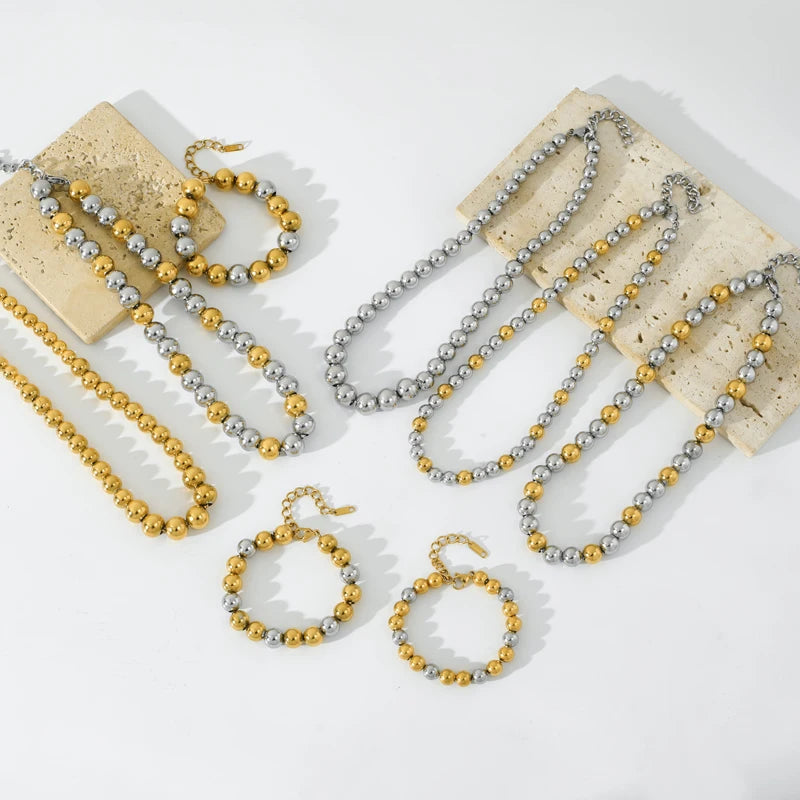 EILIECK 316L Stainless Steel Gold Silver Color Solid Beads Balls Necklace Bracelet For Women Girl Fashion New Year Jewelry Set