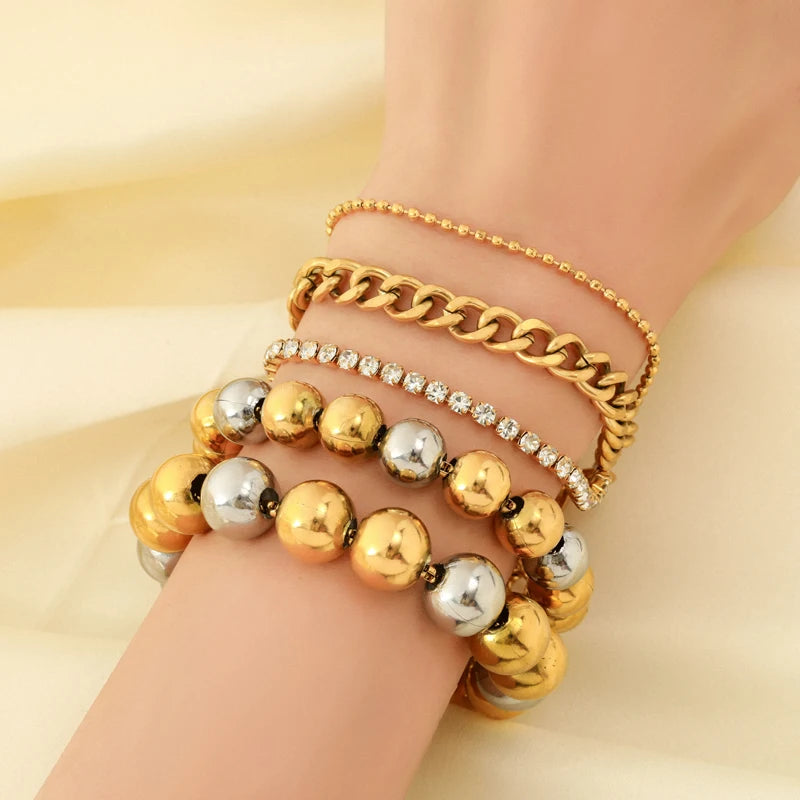 EILIECK 316L Stainless Steel Gold Silver Color Solid Beads Balls Necklace Bracelet For Women Girl Fashion New Year Jewelry Set