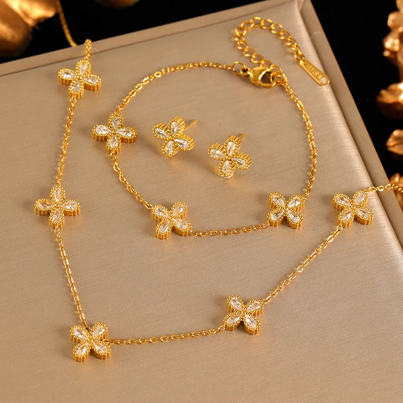 EILIECK 316L Stainless Steel Flower Petal Zircon Necklace Earrings Bracelet Set For Women Fashion Waterproof Jewelry Party Gift