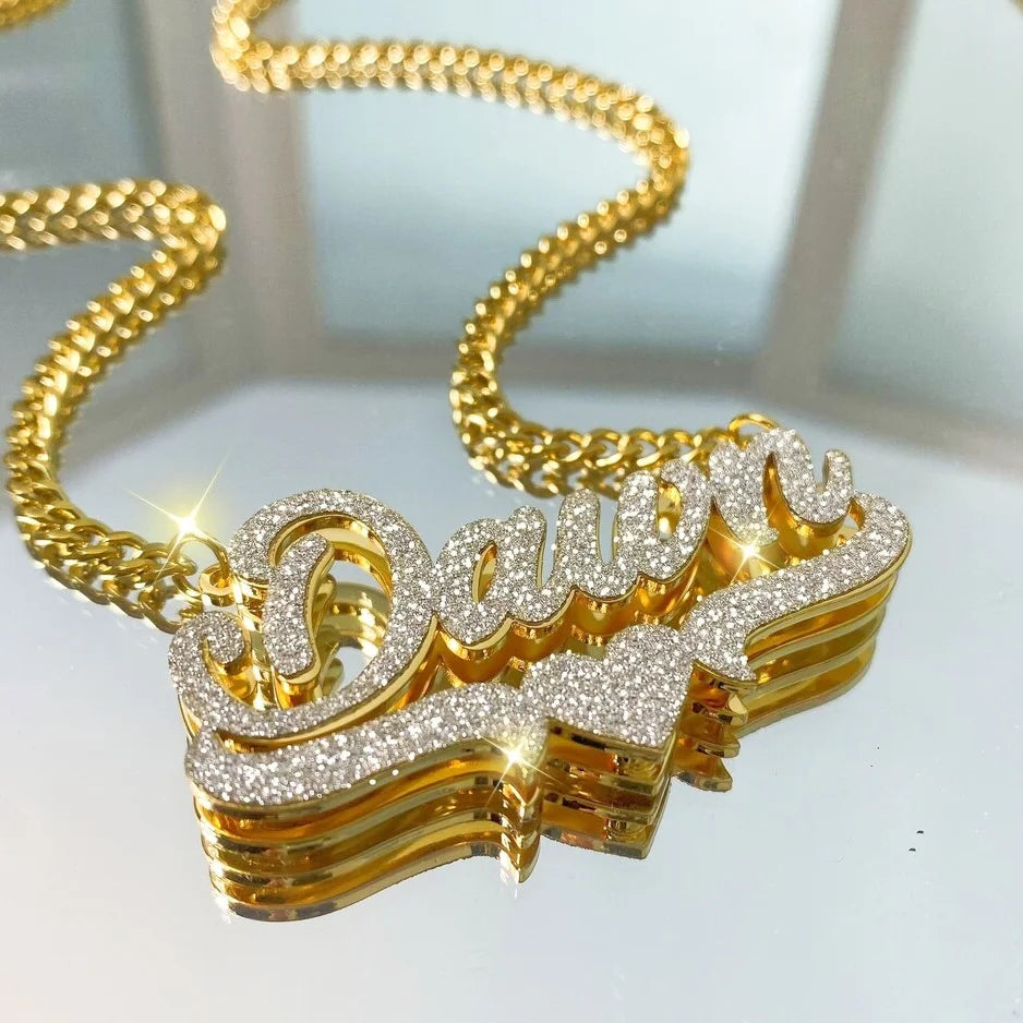 Personalized Double Name Frosted Necklace Custom Bling Name Necklace Gold Stainless Steel Jewelry For Girlfriend Mather Gift