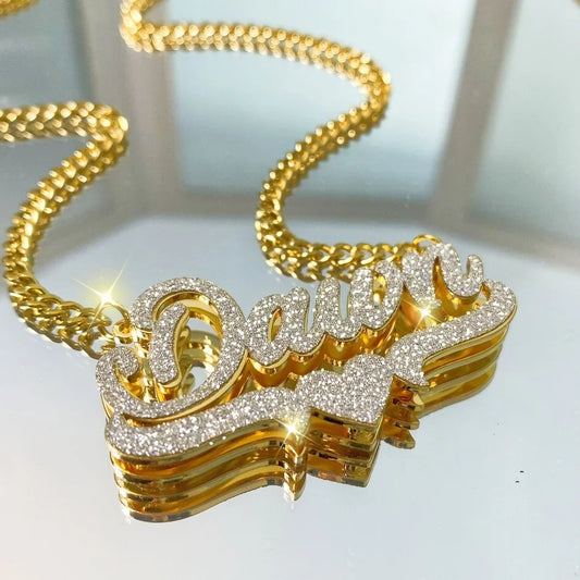 Personalized Double Name Frosted Necklace Custom Bling Name Necklace Gold Stainless Steel Jewelry For Girlfriend Mather Gift