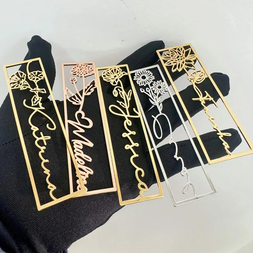 Customized Name Bookmarks Personalized Birthday Flowers Stainless Steel Bookmarks Student Jewelry Birthday Gifts For Children