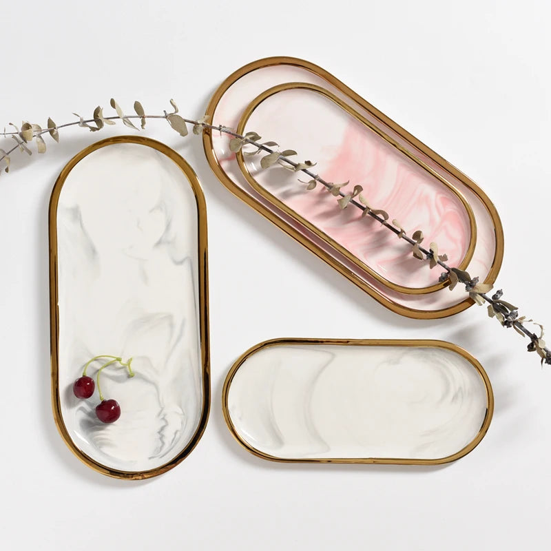 Nordic Marble Oval Disk with Gold Border, Ceramic Jewelry Storage, Display Tray, Living Room, Dining Table Decorations, Home Dec