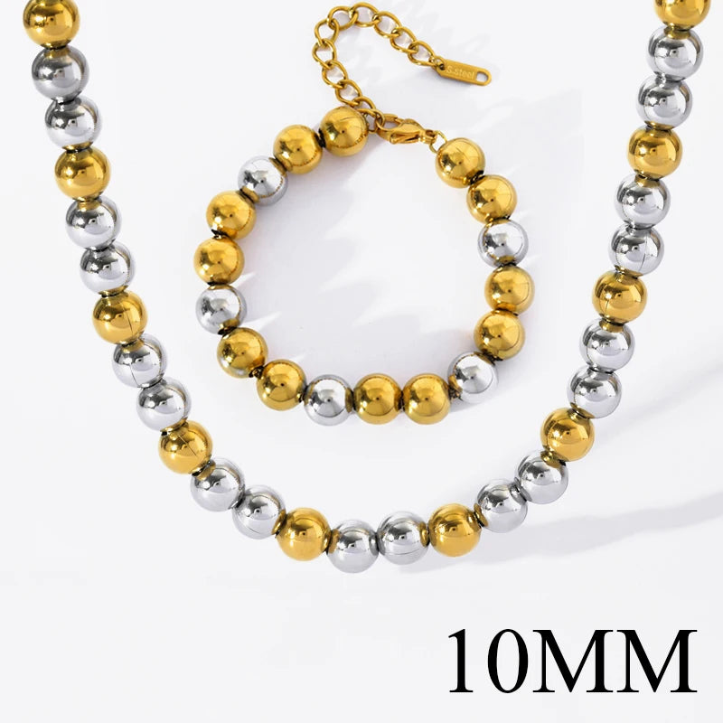 EILIECK 316L Stainless Steel Gold Silver Color Solid Beads Balls Necklace Bracelet For Women Girl Fashion New Year Jewelry Set