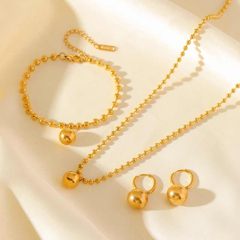 EILIECK New Fashion Stainless Steel Metal Bead Ball Necklace Bracelet Earrings For Women Trendy Waterproof Jewelry Set Gift