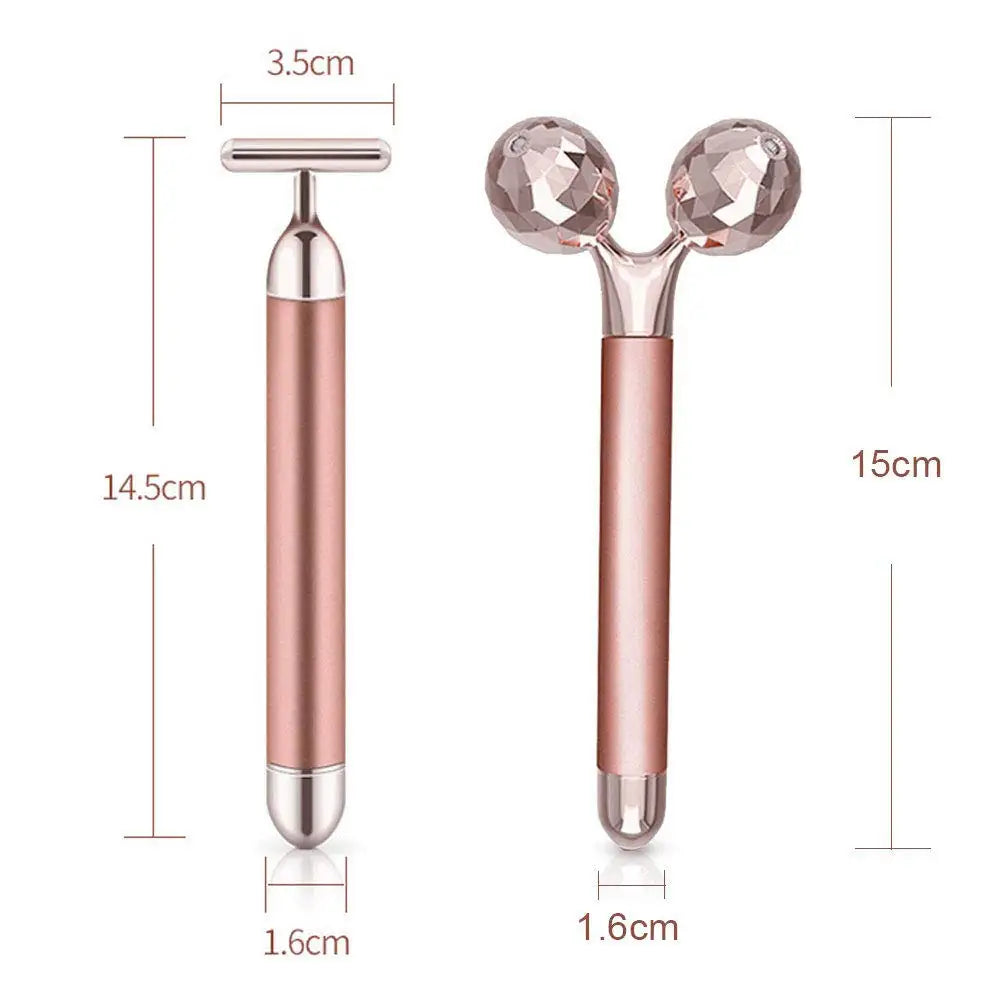 24K Gold Beauty Bar Face Massager Electric Vibrating Rose Quartz 3D Roller Face Lifting Body Facial 3D Gua Sha Jade Roller