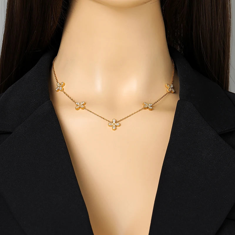 EILIECK 316L Stainless Steel Flower Petal Zircon Necklace Earrings Bracelet Set For Women Fashion Waterproof Jewelry Party Gift