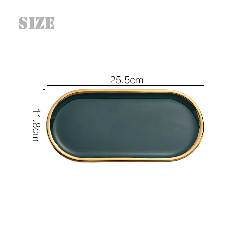 Nordic Marble Oval Disk with Gold Border, Ceramic Jewelry Storage, Display Tray, Living Room, Dining Table Decorations, Home Dec