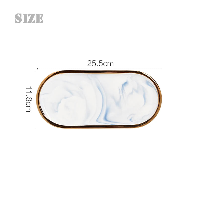 Nordic Marble Oval Disk with Gold Border, Ceramic Jewelry Storage, Display Tray, Living Room, Dining Table Decorations, Home Dec
