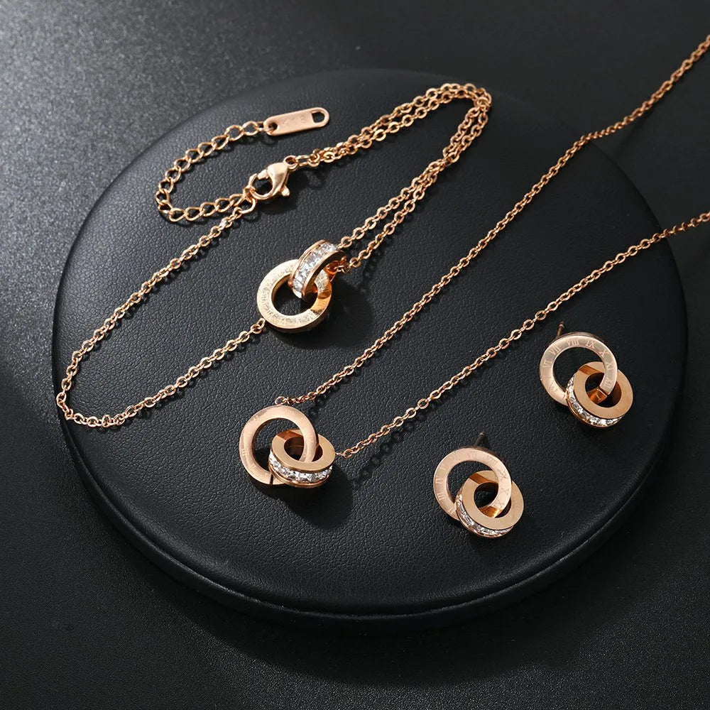 Yupsk 4Pcs/Set Stainless Steel Circles Roman Numbers Necklace Bracelet Earrings for Women Simple Versatile Daily Jewelry