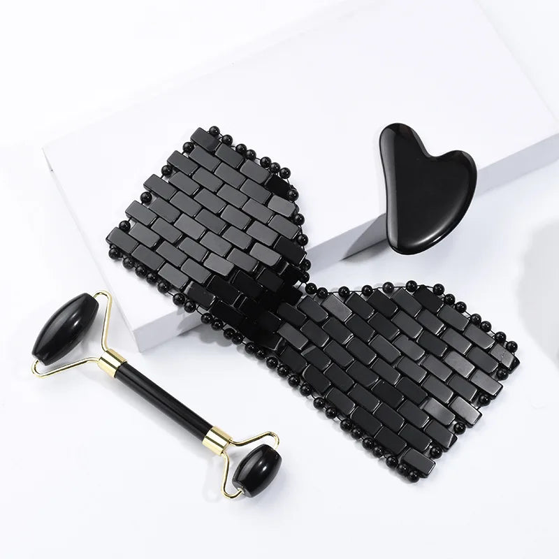 Natural Jade Obsidian Eye Mask Face Massager Gua Sha Board Cold Therapy Scraper Jade Roller Massager Set
