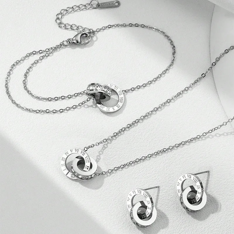 Yupsk 4Pcs/Set Stainless Steel Circles Roman Numbers Necklace Bracelet Earrings for Women Simple Versatile Daily Jewelry