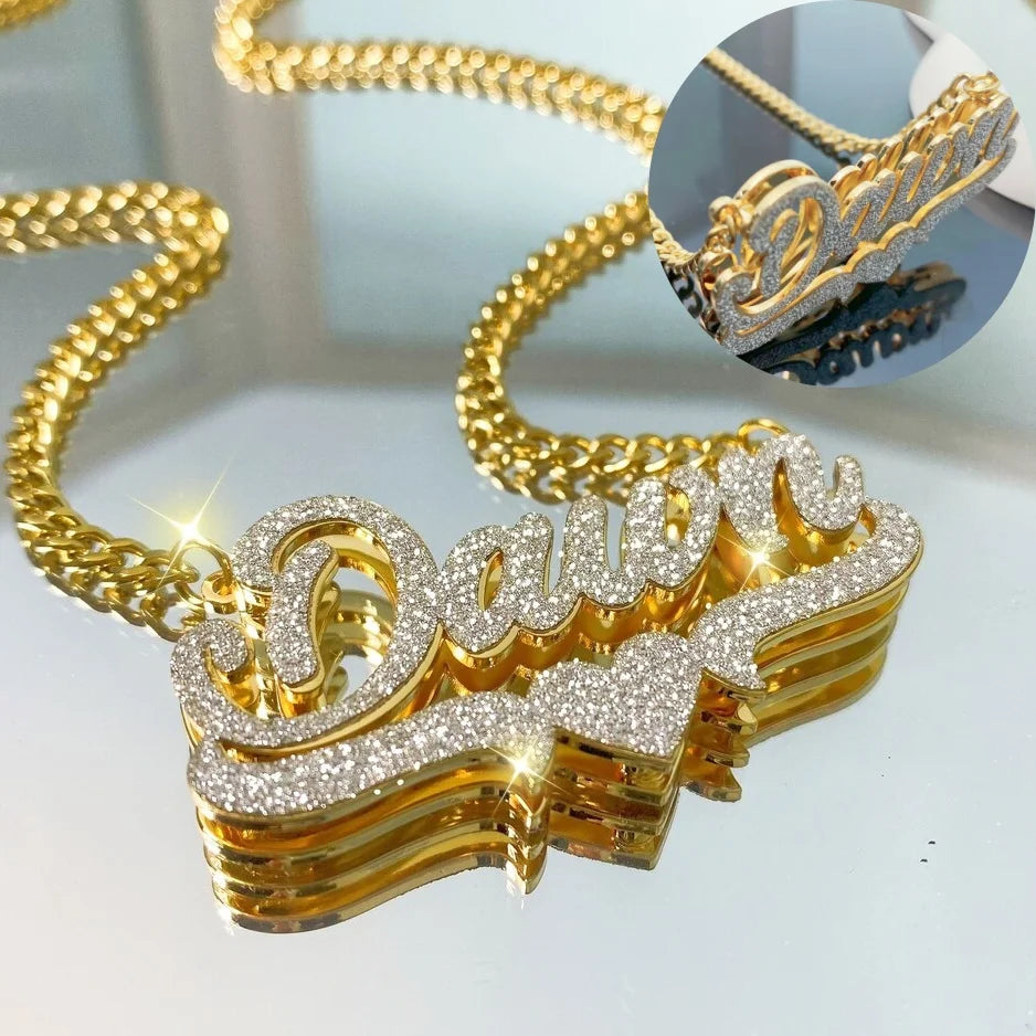Personalized Double Name Frosted Necklace Custom Bling Name Necklace Gold Stainless Steel Jewelry For Girlfriend Mather Gift