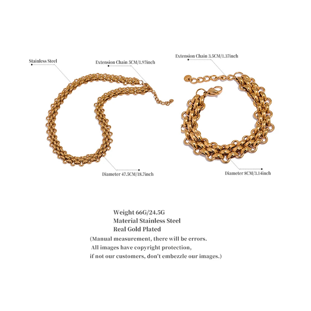 Yhpup Waterproof 18K Gold Plated Stainless Steel Metal Cuban Chain Statement Necklace Bracelet Set Charm Fashion Jewelry Women