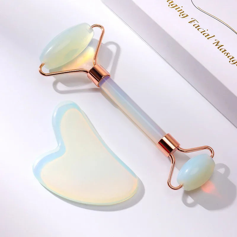 Opalite Jade Massage Roller Gua Sha Set Opal Quartz Crystal Facial Skin Lifting Anti Wrinkle Gouache Scraper Jade Massager